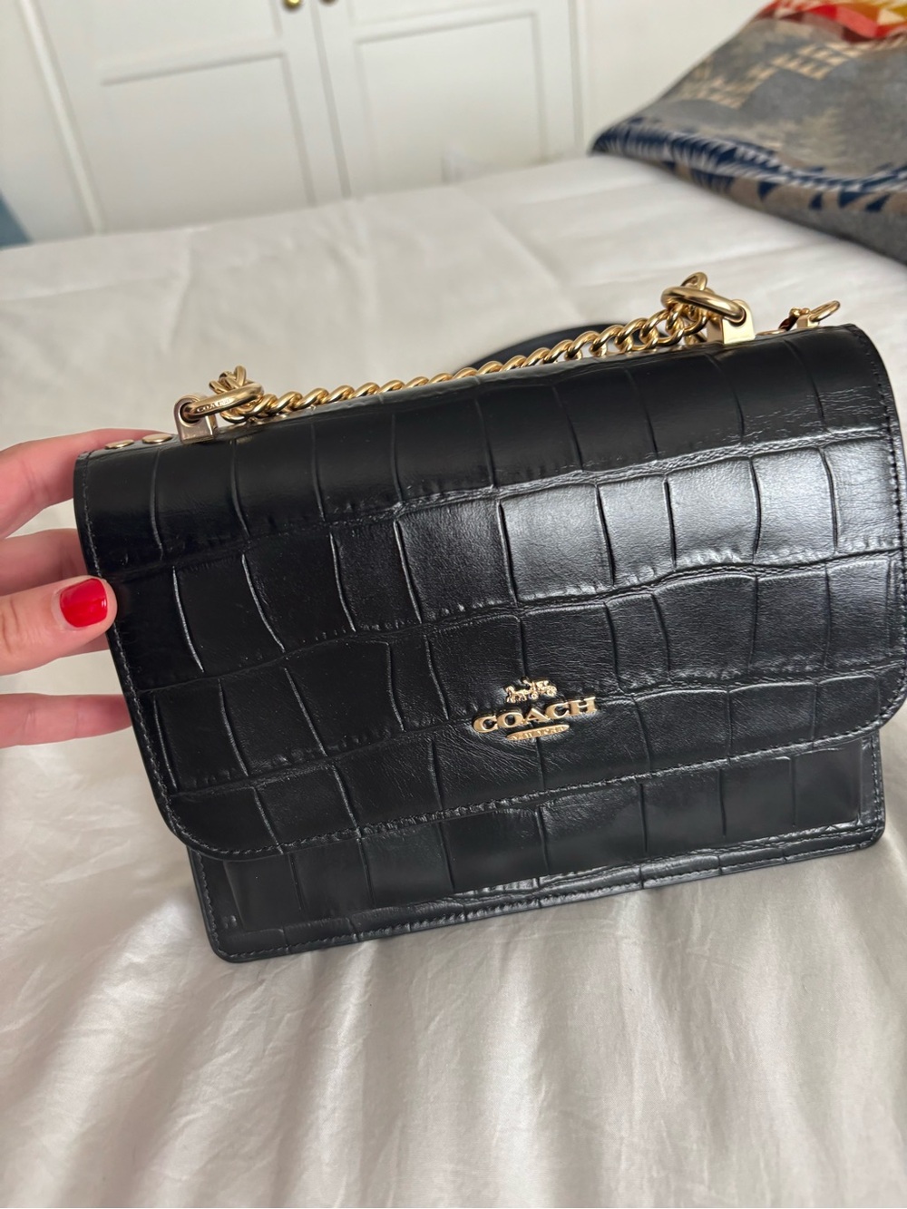 Coach Black Croc-Embossed Leather Crossbody with Gold Chain - Picture 2 of 6